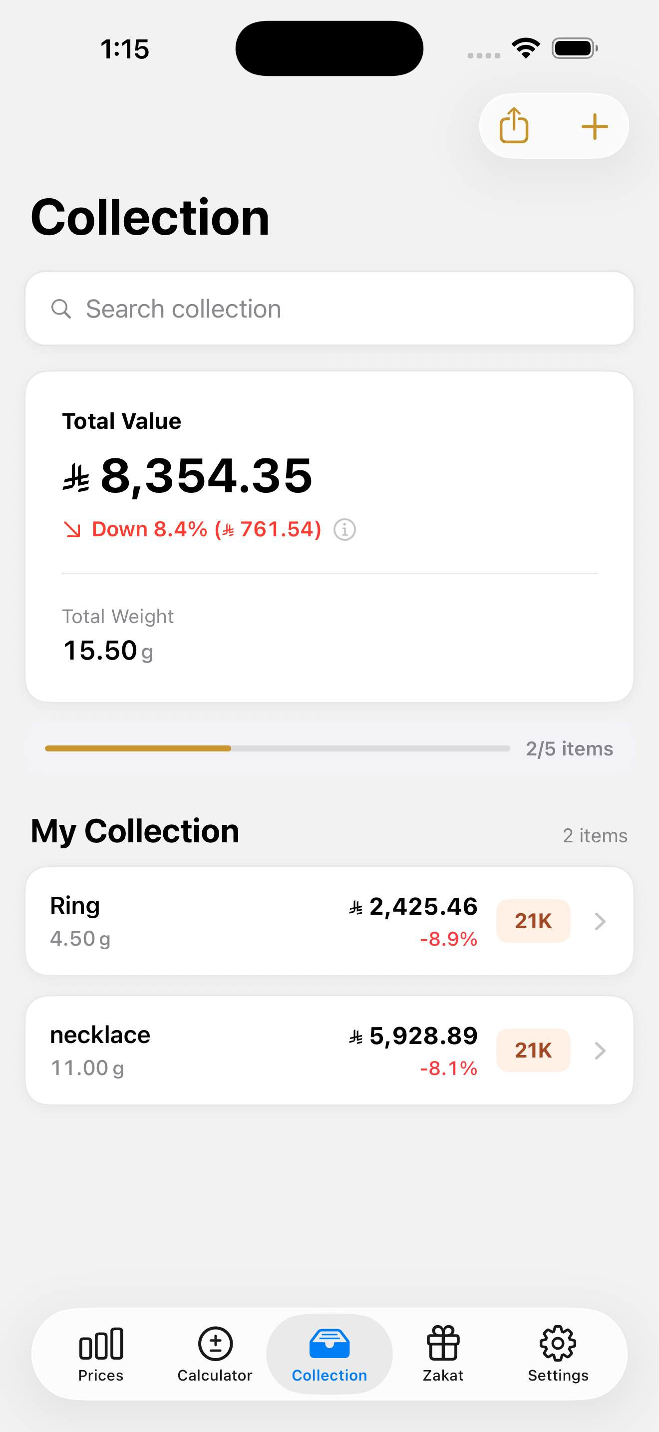 Collection — Track your gold items, total value, and gains over time