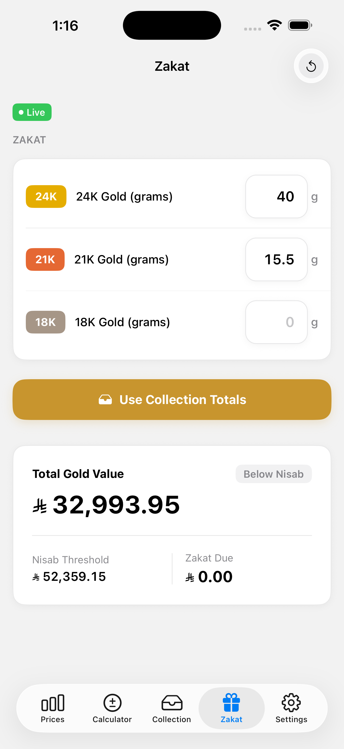 Zakat — Calculate your gold Zakat based on Nisab threshold and 2.5% rate